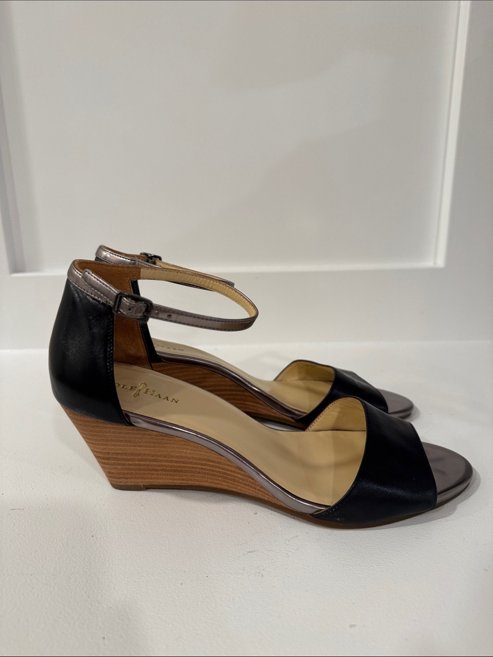 Cole Haan Rosalin Black Leather Ankle-Strap Wedge Sandals